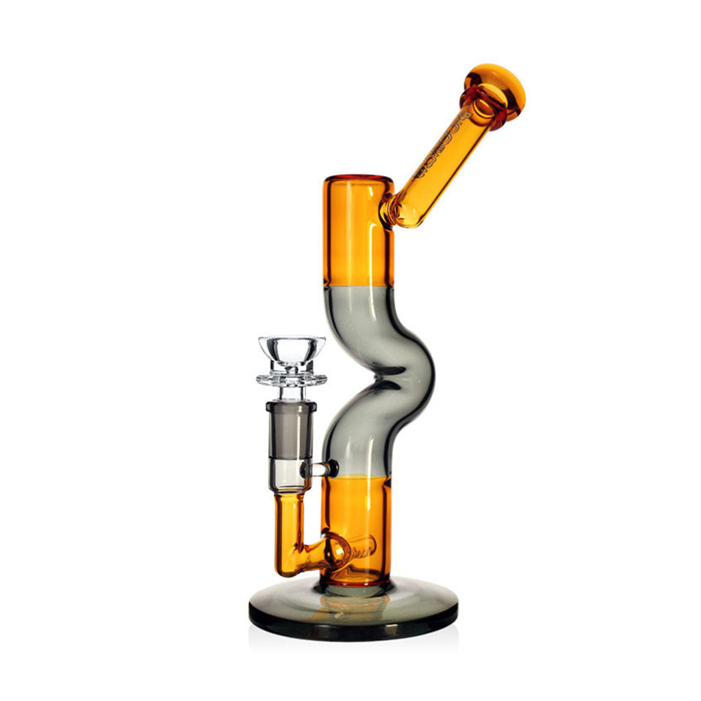 Side view of Phoenix Star Zig Zag inline perc bong in gray and amber showing angled mouthpiece and clear bowl, ready to buy online from Fat Ass Glass.