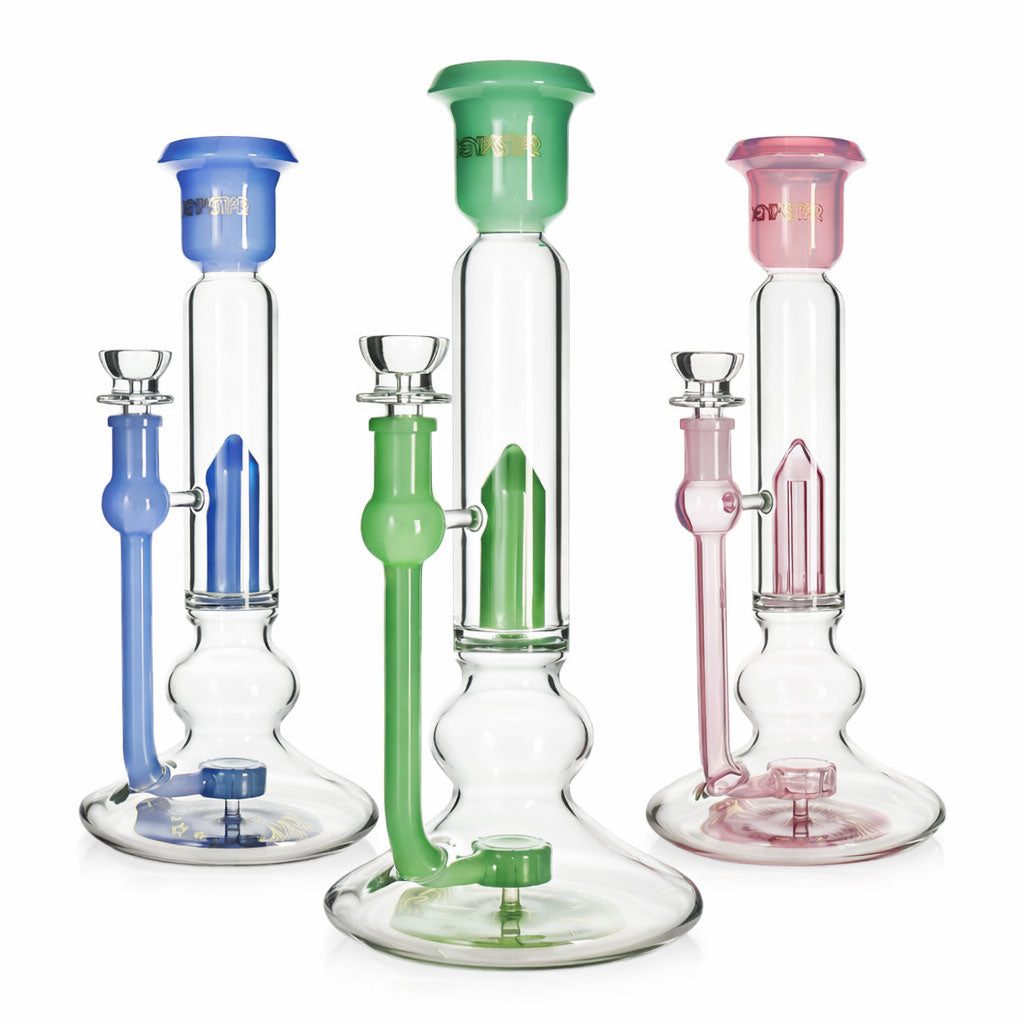 Phoenix Star 11 inch straight tube bong with bell flared mouthpiece, various color accents & a showerhead perc