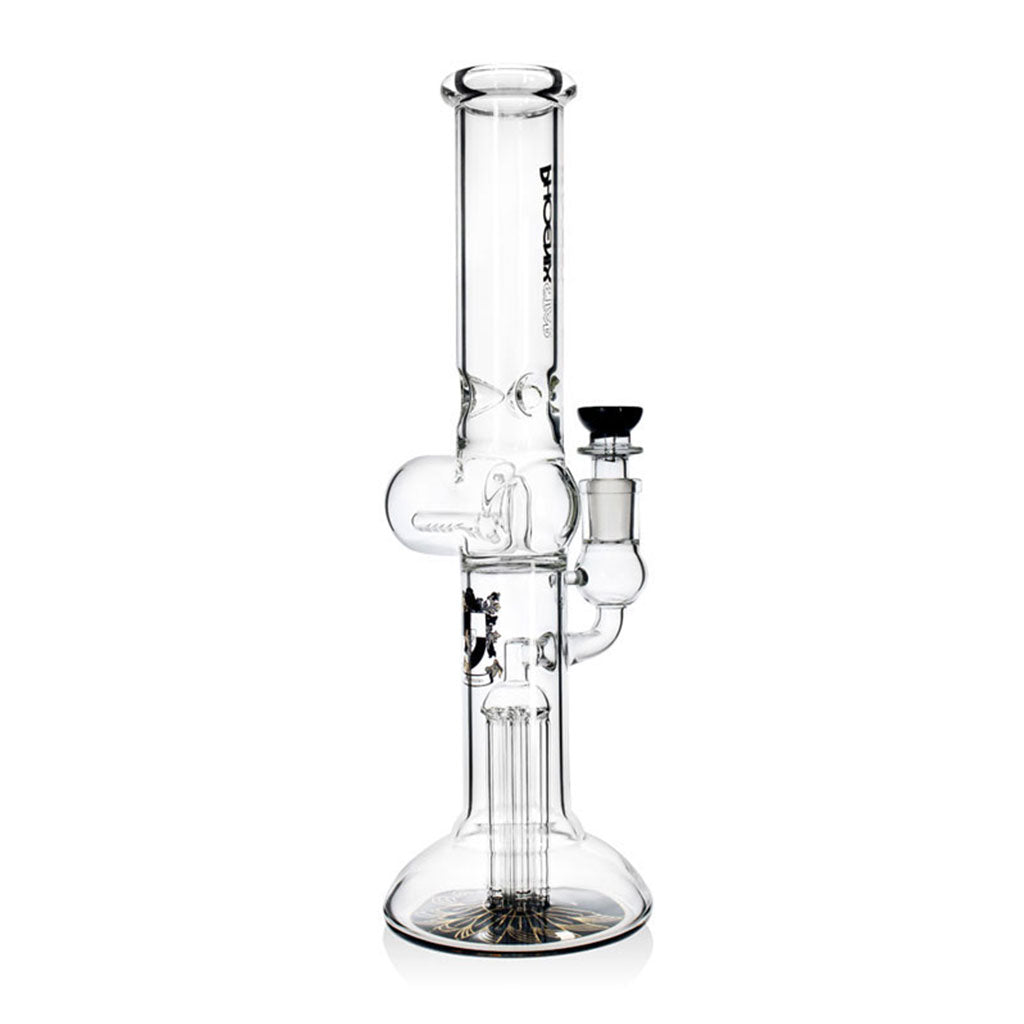 Phoenix Star dual percolator beaker bong with black accents, inline perc, 6 arm tree perc, and ice catcher back part