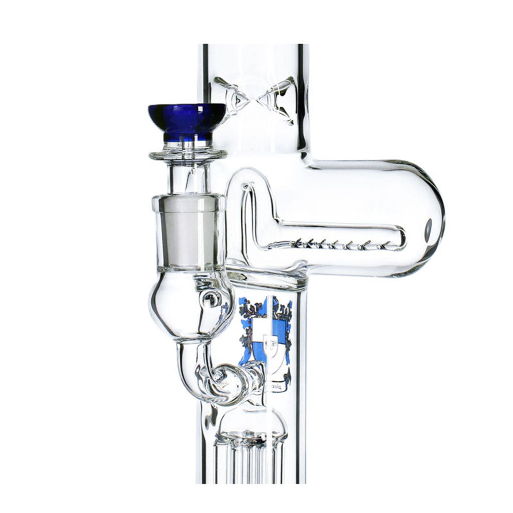 Phoenix Star dual percolator beaker bong with blue accents, inline perc, 6 arm tree perc, and ice catcher perc view