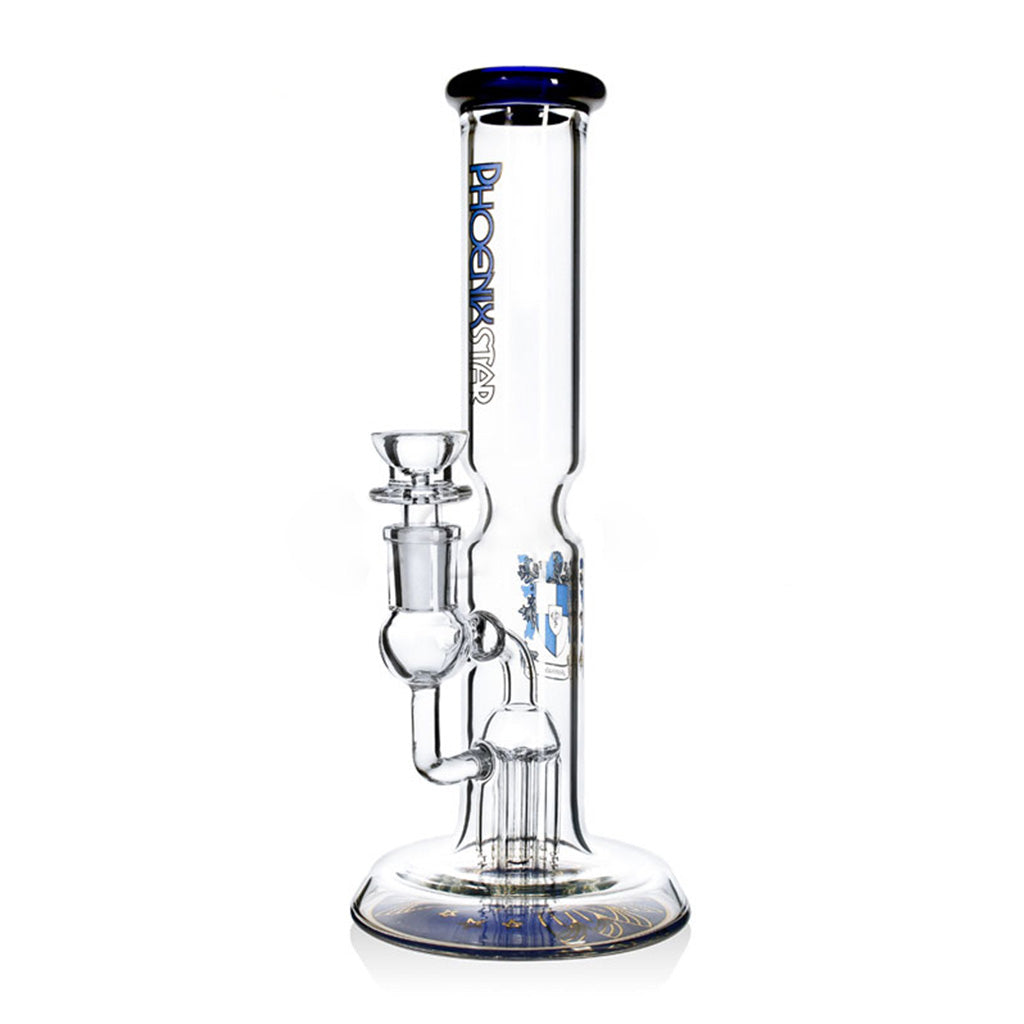 Blue-accent PHX Showerhead Perc Ash Catcher Beaker Bong with beaker base and five-arm perc at FGC