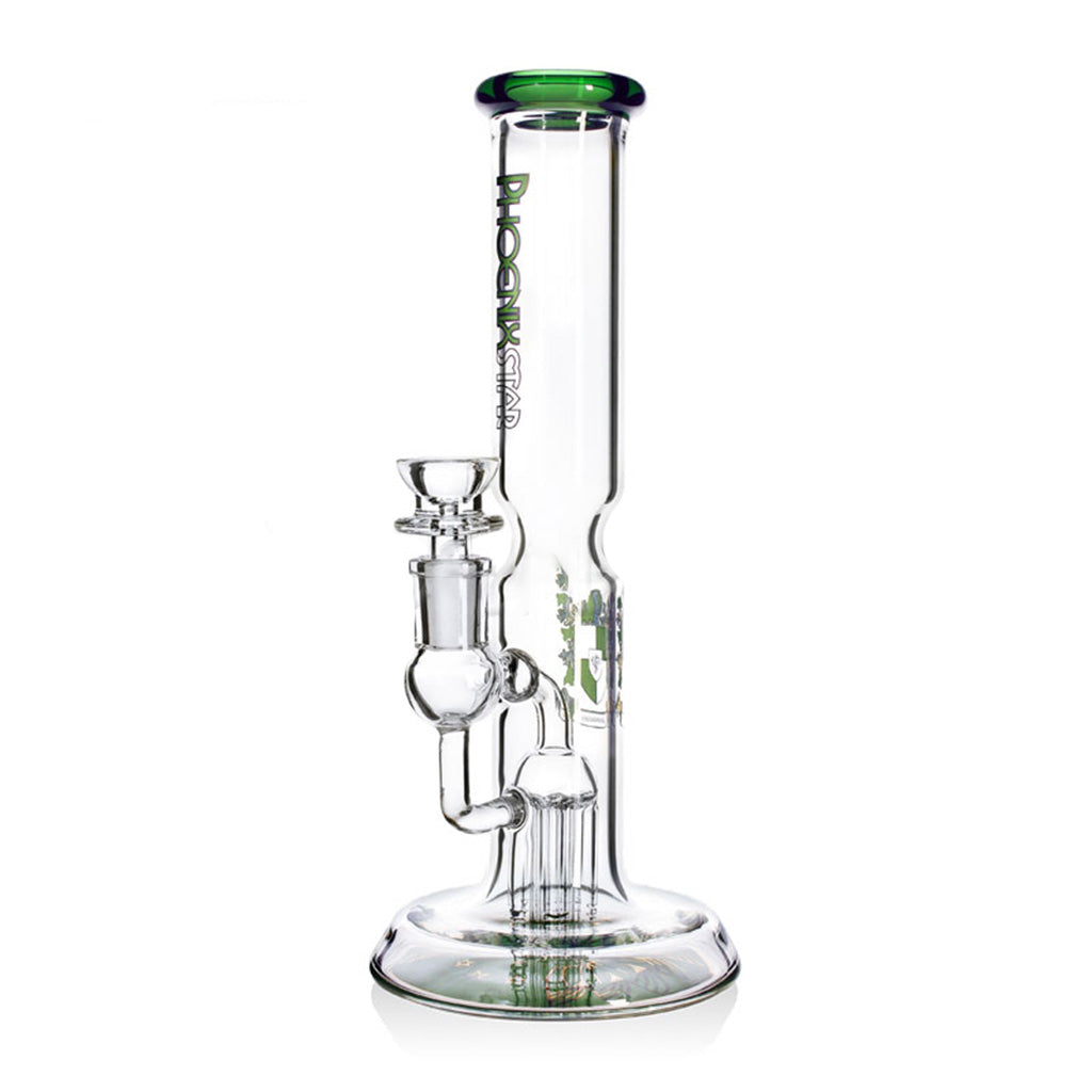 Green-accent PHX Showerhead Perc Ash Catcher Beaker Bong with beaker base and five-arm perc at FGC