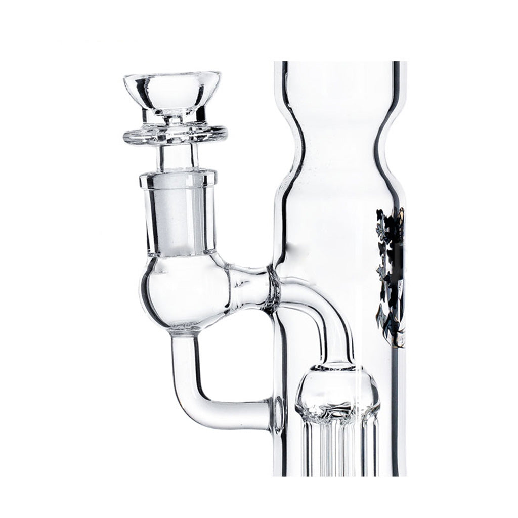 Black-accent PHX Showerhead Perc Ash Catcher Beaker Bong with beaker base bong joint part view