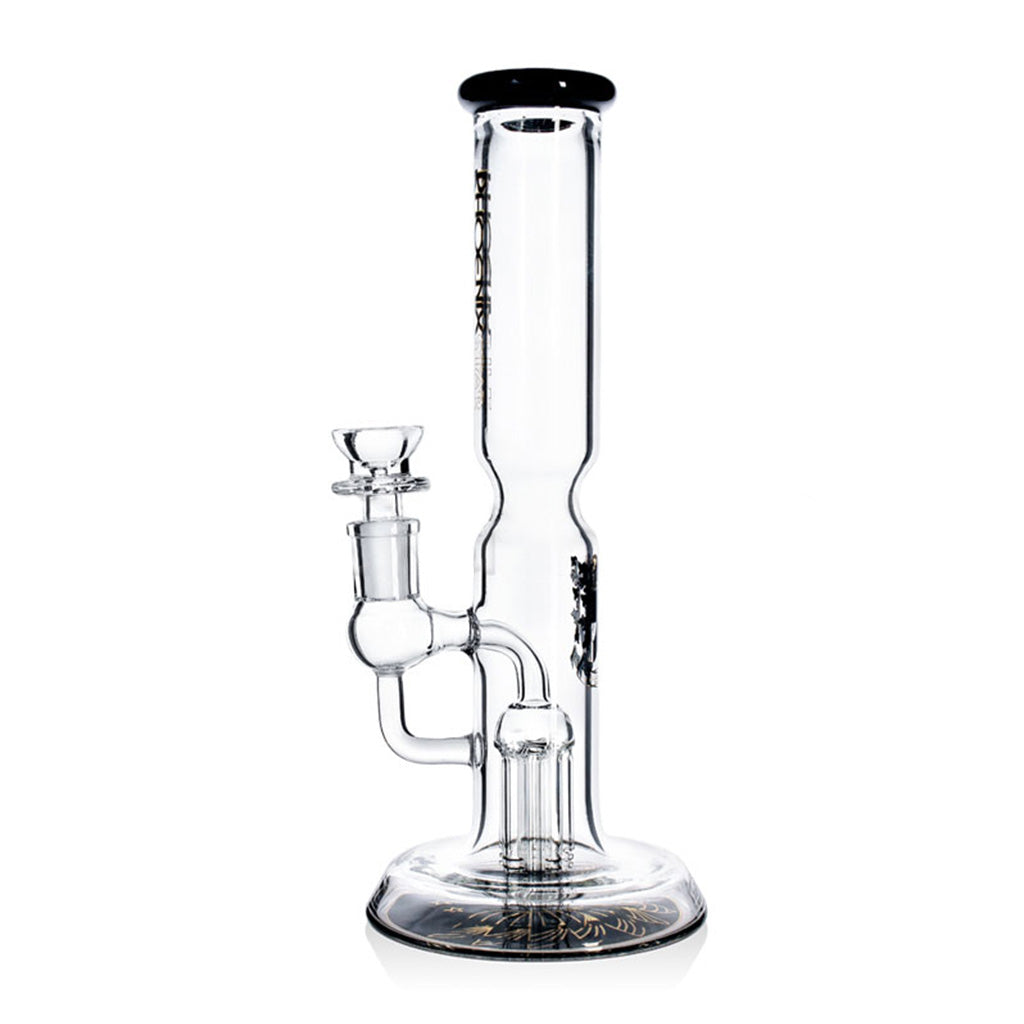 Black-accent PHX Showerhead Perc Ash Catcher Beaker Bong with beaker base and five-arm perc side view