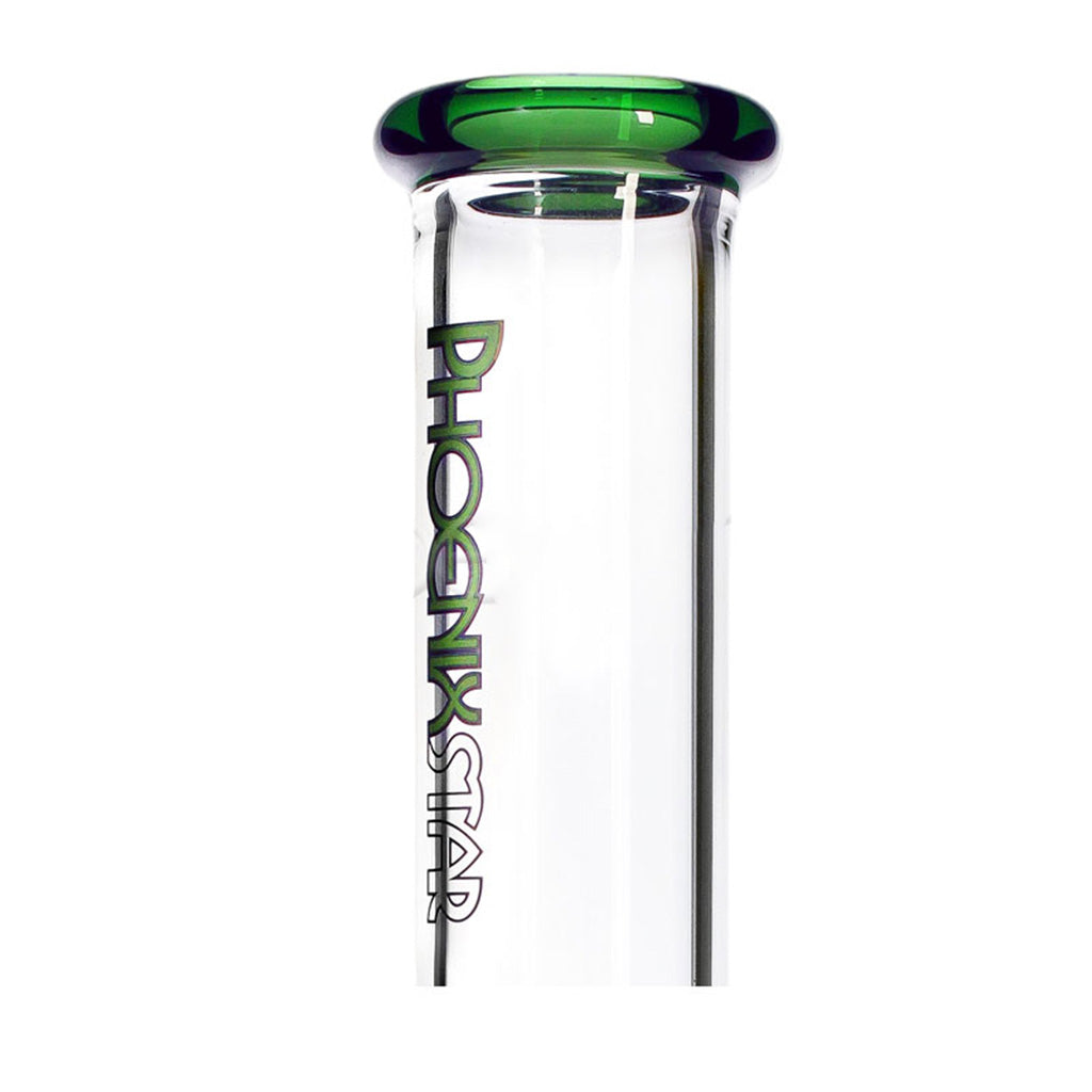 Green-accent PHX Showerhead Perc Ash Catcher Beaker Bong with beaker base and five-arm perc mouthpiece
