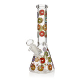 Phoenix Star 10 inch donut print beaker bong in clear glass, far-left style, multicolor donut decals