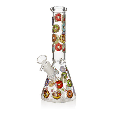Phoenix Star 10 inch donut print beaker bong in clear glass, far-left style, multicolor donut decals