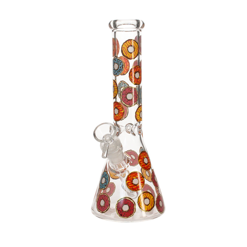 Single Phoenix Star 10-inch donut print beaker bong with bright multicolor donut design on clear glass