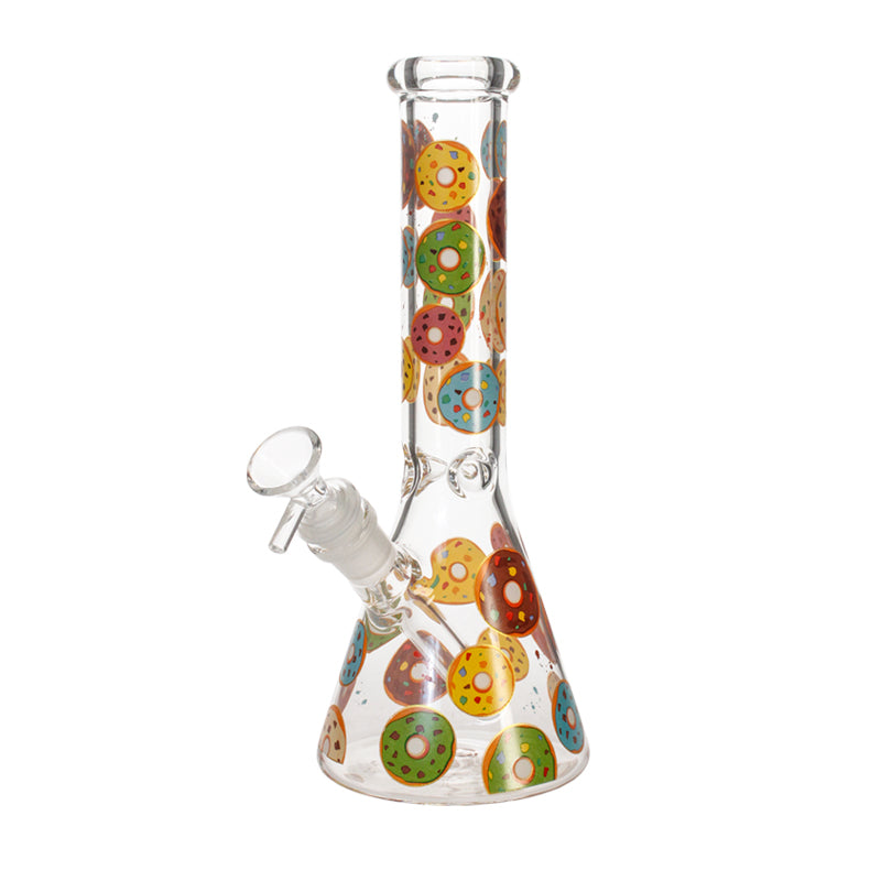 Left-position variant of the Phoenix Star 10 inch beaker bong with assorted donut graphics and clear glass.