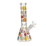 Right-position variant of the Phoenix Star 10 inch beaker bong featuring donut pattern decals on clear glass.