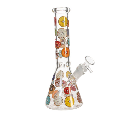 Right-position variant of the Phoenix Star 10 inch beaker bong featuring donut pattern decals on clear glass.