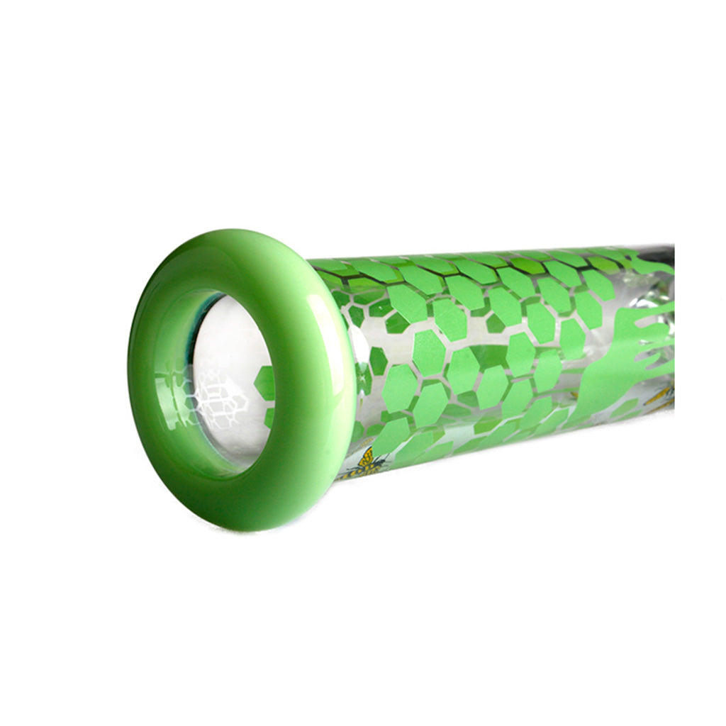 Close view of the green, rounded mouthpiece on the Honeybee Decals beaker bong