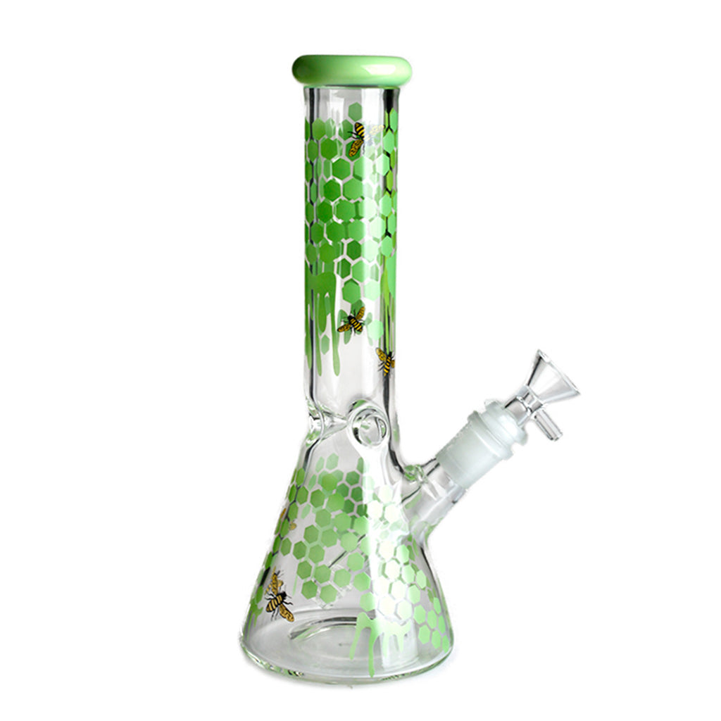 Side profile of the 10-inch green honeybee decals glass beaker bong, highlighting the honeycomb wrap and included bowl.