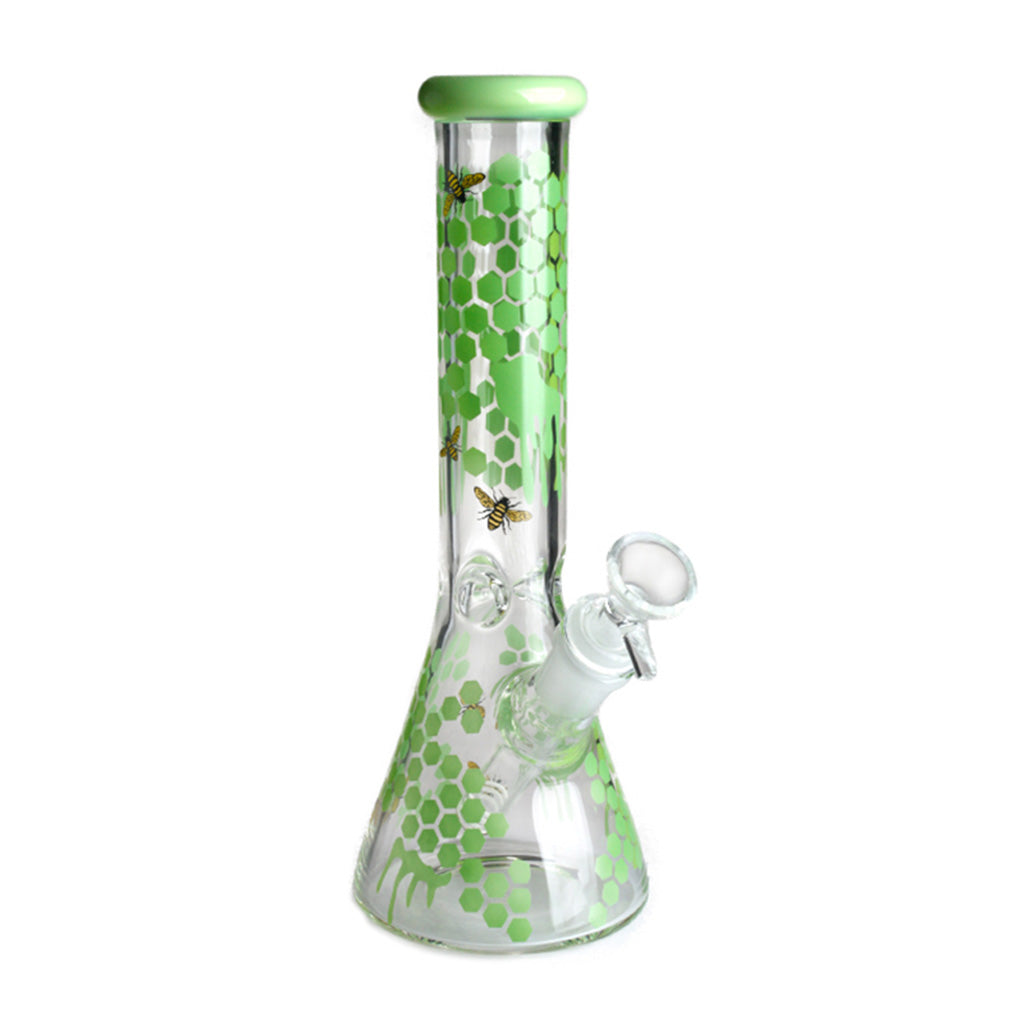 Front view of the 10-inch green honeybee decals beaker bong with diffused downstem