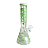 Front view of the 10-inch green honeybee decals beaker bong with diffused downstem