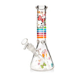 Clear 10-inch Hello Kitty beaker bong featuring rainbow stripe band, ice pinches, and diffused downstem