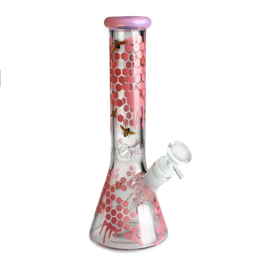 10-Inch pink honeybee decals glass beaker bong neck details