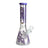 Front view of the 10" Honeybee Decals glass beaker pipe in purple, showing the clear beaker base and bowl. 
