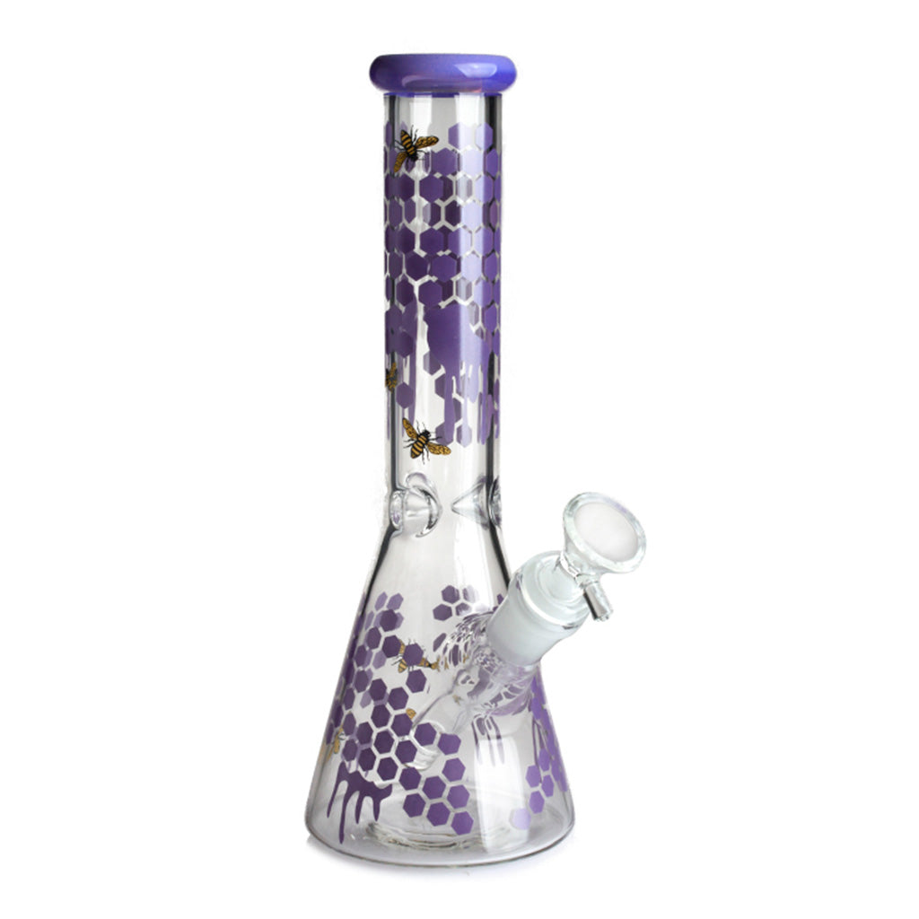 Front view of the 10" Honeybee Decals glass beaker pipe in purple, showing the clear beaker base and bowl. 