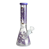 Front view of the 10" Honeybee Decals glass beaker pipe in purple, showing the clear beaker base and bowl. 