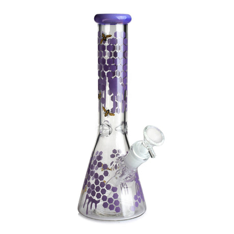 Front view of the 10" Honeybee Decals glass beaker pipe in purple, showing the clear beaker base and bowl. 