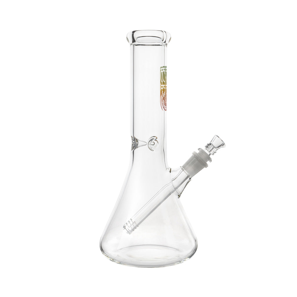 Angled Side View Of Bio 50 X 5 Beaker Bong In Rasta Colors, Showcasing Clear Glass And Downstem Facing Left