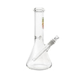 Angled Side View Of Bio 50 X 5 Beaker Bong In Rasta Colors, Showcasing Clear Glass And Downstem Facing Left