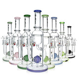 Lineup of 12 inch Ball Perc Incycler Bongs in green milk purple milk blue milk green milk pink and black