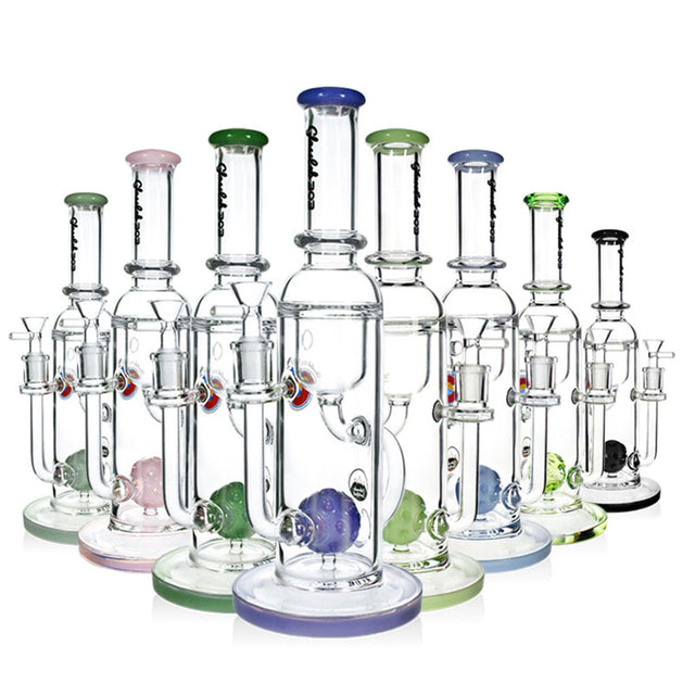 Lineup of 12 inch Ball Perc Incycler Bongs in green milk purple milk blue milk green milk pink and black