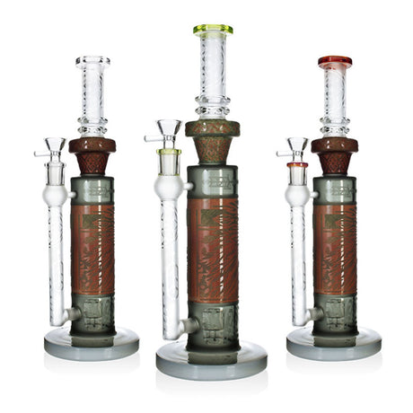 13-inch RuneWorks sandblasted cylinder bong set in red, clear, and green with a straight tube design at Fat Ass Glass.