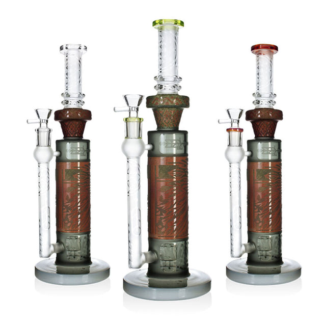 13-inch RuneWorks sandblasted cylinder bong set in red, clear, and green with a straight tube design at Fat Ass Glass.