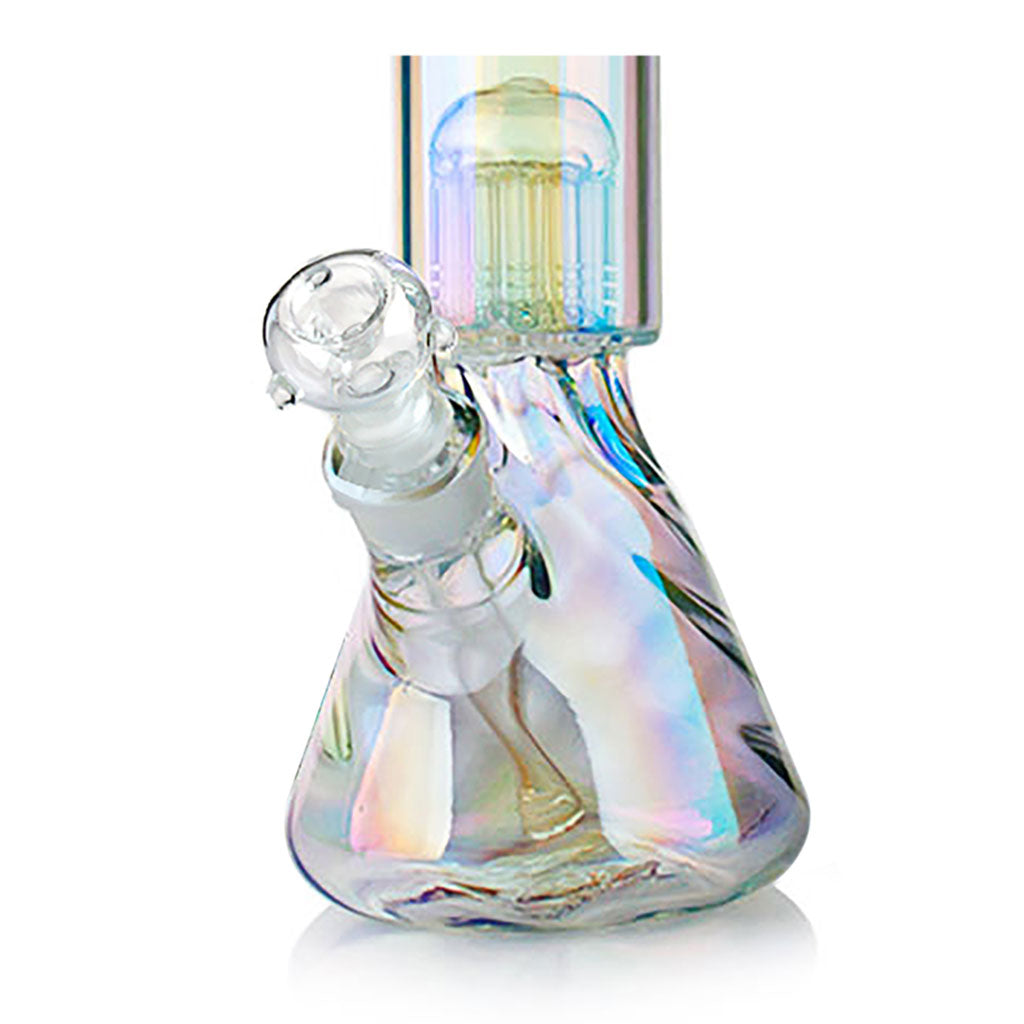 Closeup of 14 inch holographic rainbow glass bong with ice catcher and bowl for sale at Fat Ass Glass