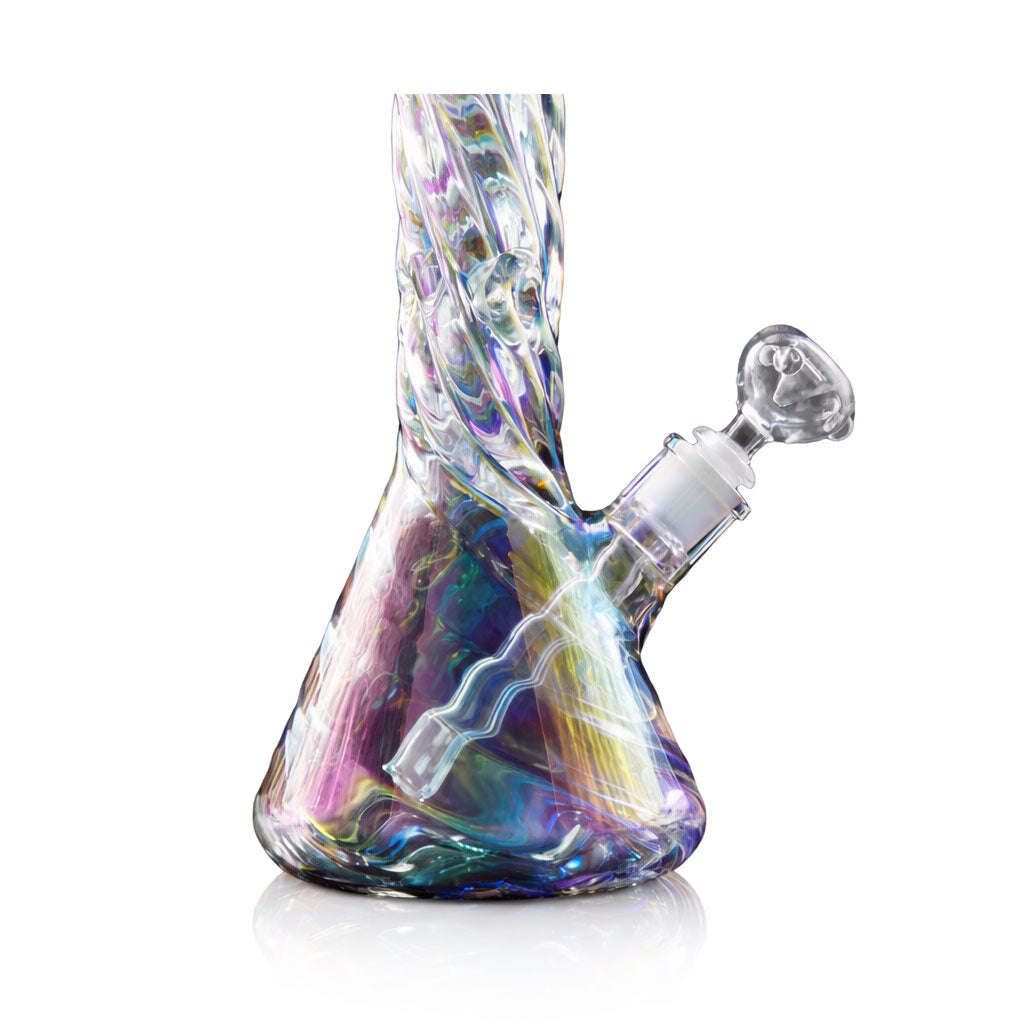 Closeup of base and joint on 16 inch holographic rainbow thick glass straight tube bong for sale at Fat Ass Glass 