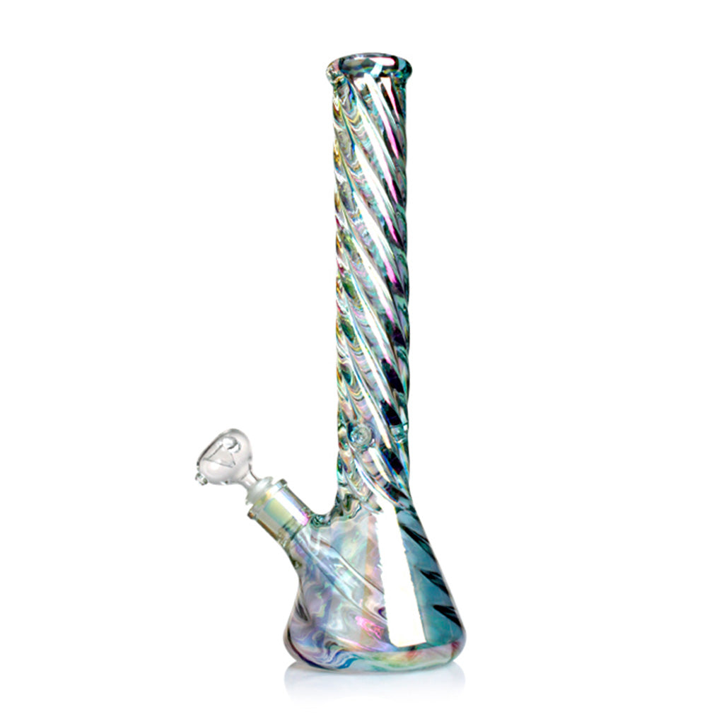 Full view of 16 inch holographic rainbow thick glass straight tube bong with angled joint ready to buy from Fat Ass Glass