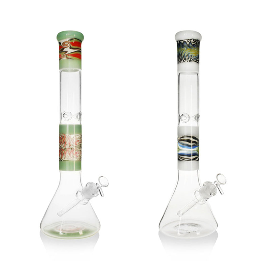 Green and white Phoenix Star 18-inch wigwag beaker bongs side by side, highlighting the colored mouthpieces and wigwag bands.