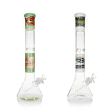 Green and white Phoenix Star 18-inch wigwag beaker bongs side by side, highlighting the colored mouthpieces and wigwag bands.