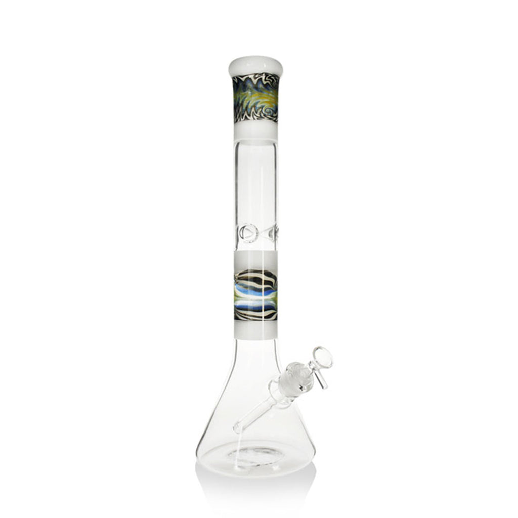 A white Phoenix Star 18-Inch WigWag Beaker Bong with a clear beaker base and ice pinches