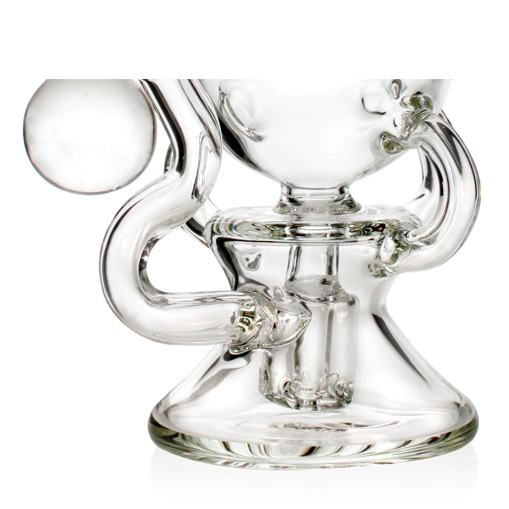 Close-up of the Mini Sphere Chamber Recycler Dab Rig base in clear glass, showing the sturdy foot and internal perc.