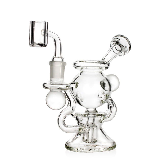 Mini Sphere Chamber Recycler Dab Rig in clear glass, 5.5 inches tall, full view with spherical chamber and recycler arms.