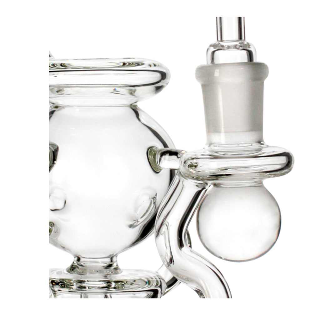 Side detail of the Mini Sphere Chamber Recycler Dab Rig in clear glass, highlighting the joint area and recycler loop.