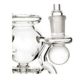 Side detail of the Mini Sphere Chamber Recycler Dab Rig in clear glass, highlighting the joint area and recycler loop.