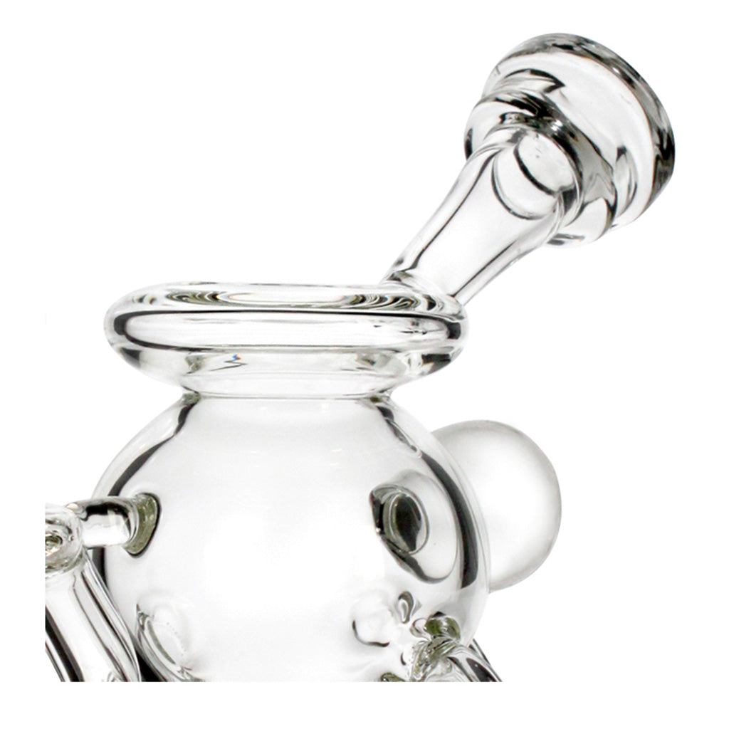 Top detail of the Mini Sphere Chamber Recycler Dab Rig in clear glass, showing the flared mouthpiece and rim.