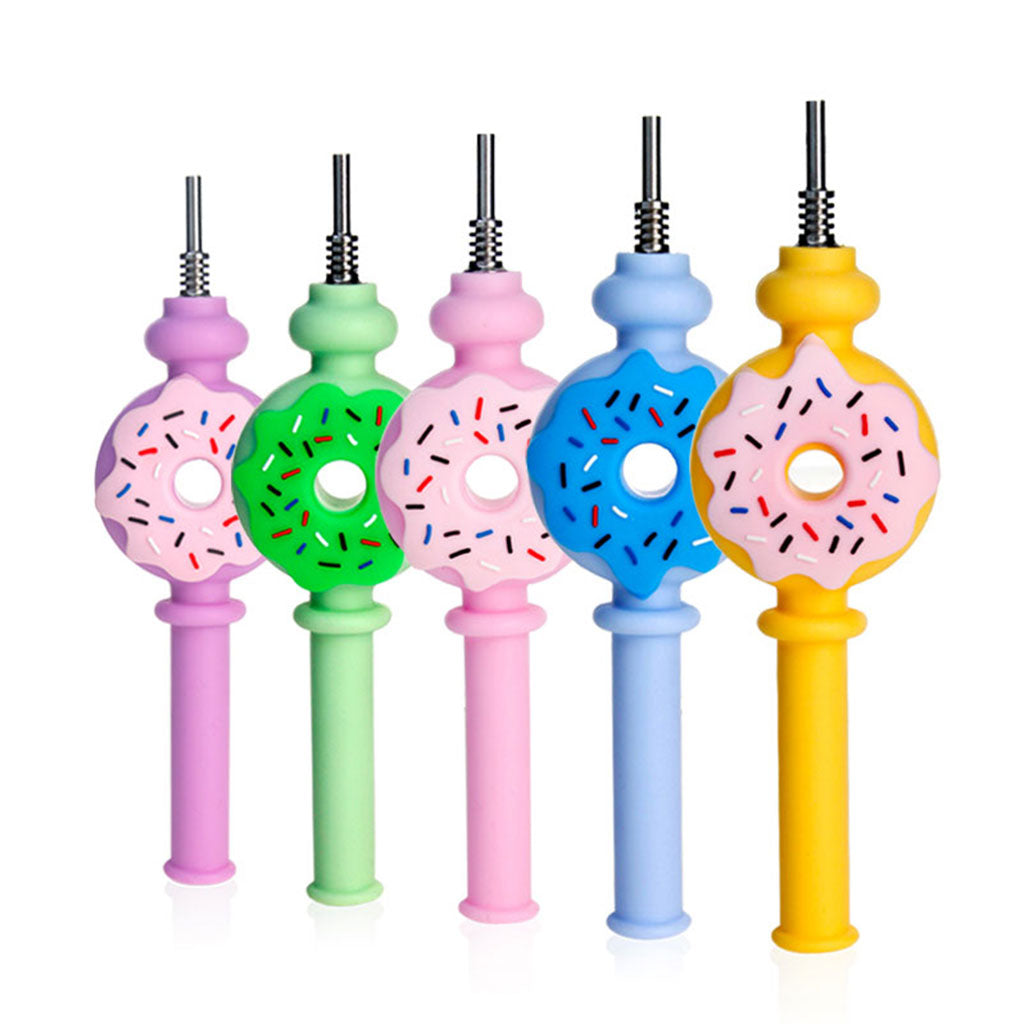 Lineup of 6.8-inch Donut Honey Straw Silicone Nectar Collectors in assorted colors with metal tips. 