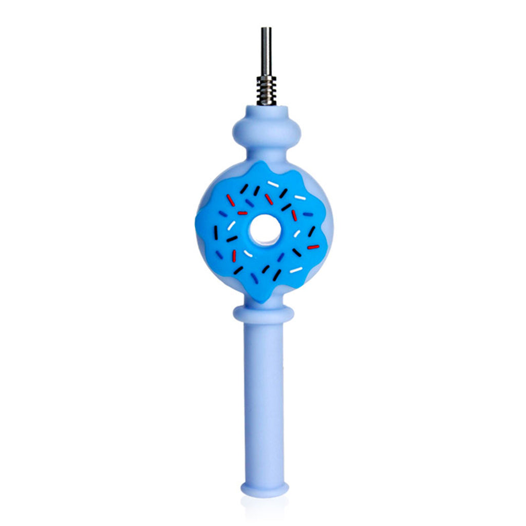 Blue Donut Honey Straw Silicone Nectar Collector, 6.8 inches, side view highlighting the frosted donut design