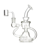 CycloneLoop Double-Chamber Mini Recycler Dab Rig, 6.8-inch clear glass, left-side profile with the banger on the left.