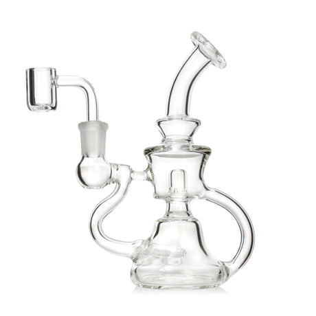 CycloneLoop Double-Chamber Mini Recycler Dab Rig, 6.8-inch clear glass, left-side profile with the banger on the left.