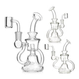 Trio layout of the clear CycloneLoop Double-Chamber Mini Recycler Dab Rig, showing multiple angles and the included banger. 