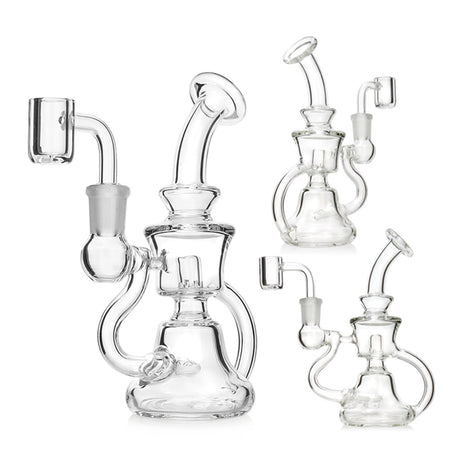 Trio layout of the clear CycloneLoop Double-Chamber Mini Recycler Dab Rig, showing multiple angles and the included banger. 