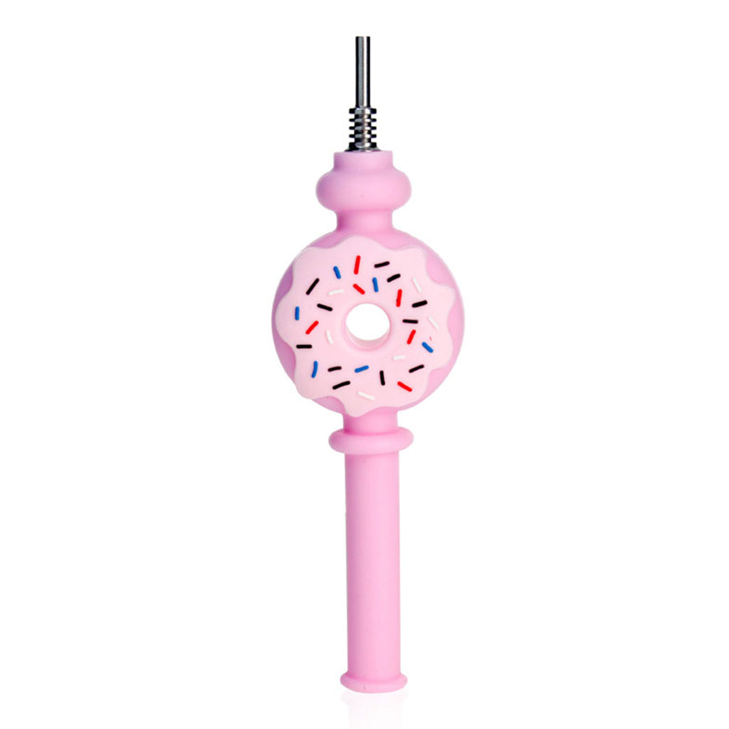 Pink Donut Honey Straw Silicone Nectar Collector, 6.8 inches, showing the frosted donut body and straight handle.
