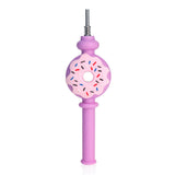 Purple Donut Honey Straw Silicone Nectar Collector, 6.8 inches, front view with sprinkle details and metal tip.